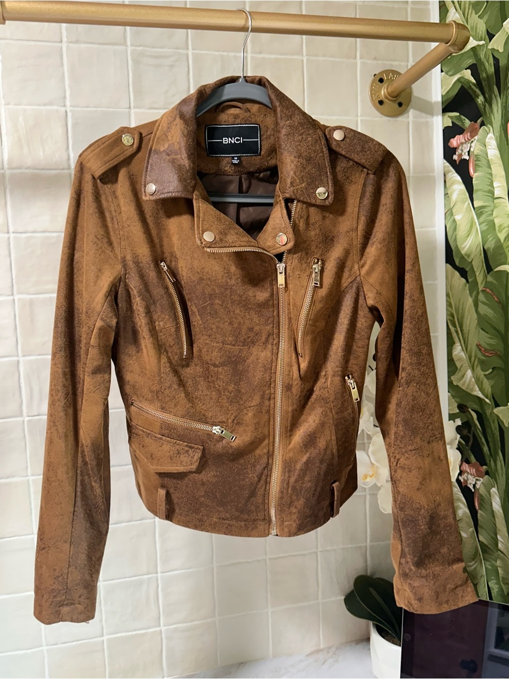 Brown distressed faux suede moto jacket by BNCI